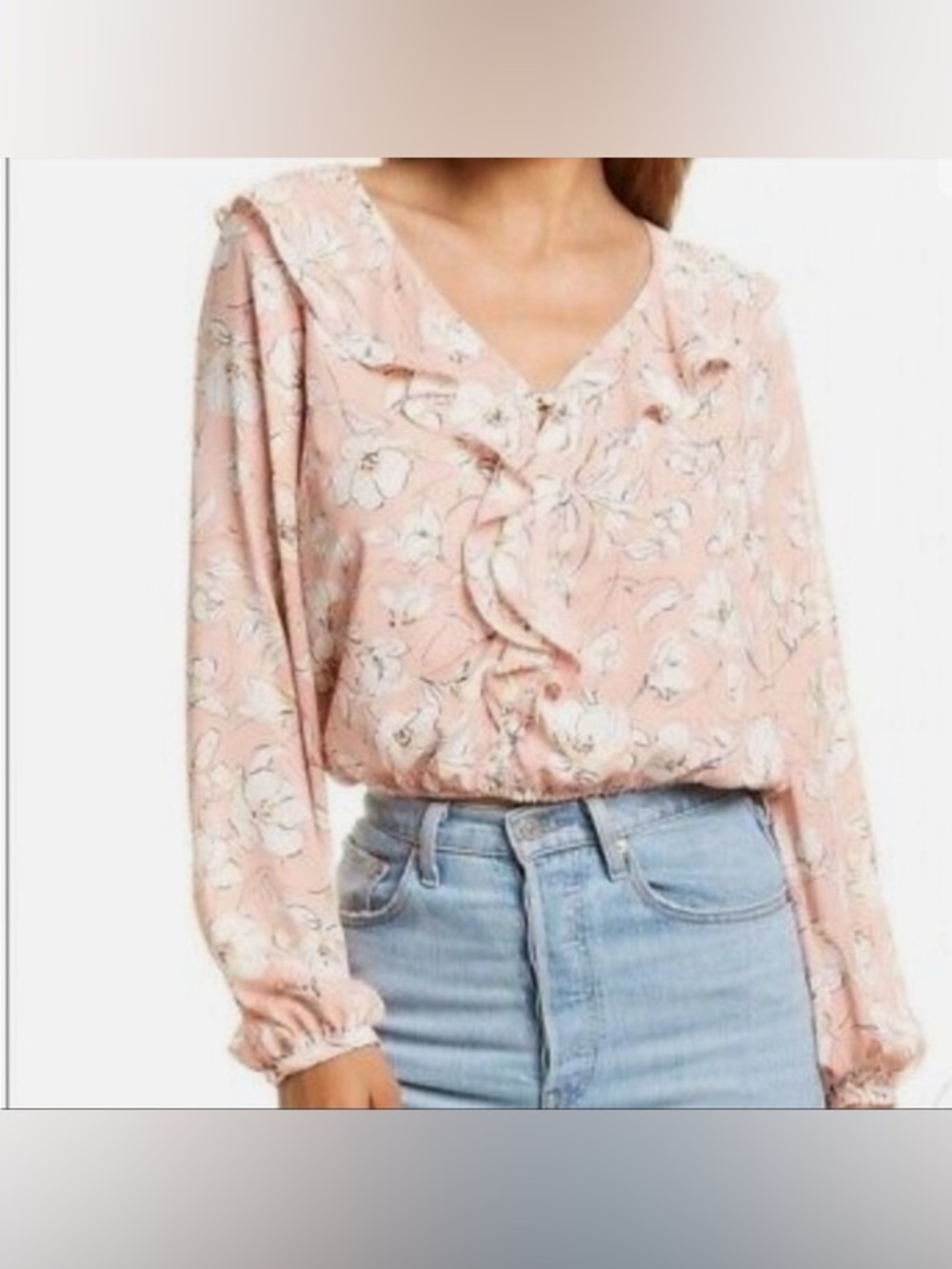 ASTR The Label Blush Ivory Floral Ruffle V-Neck Blouse Puff Sleeve Top M